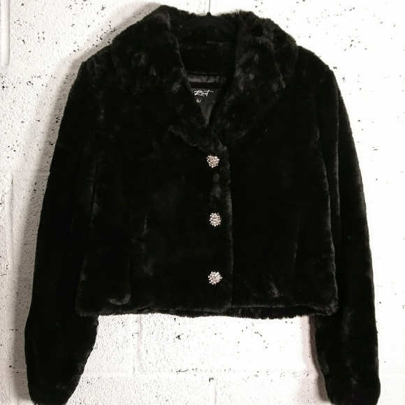 Black Rivet Jackets & Blazers - Black Rivet Large Black Fur Coat Crystal Buttons